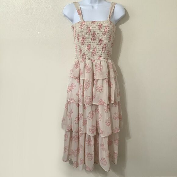 Mimi Chica Romantic Feminine Cottagecore Tiered Ruffle Fairy Midi Dress Medium - Picture 1 of 11